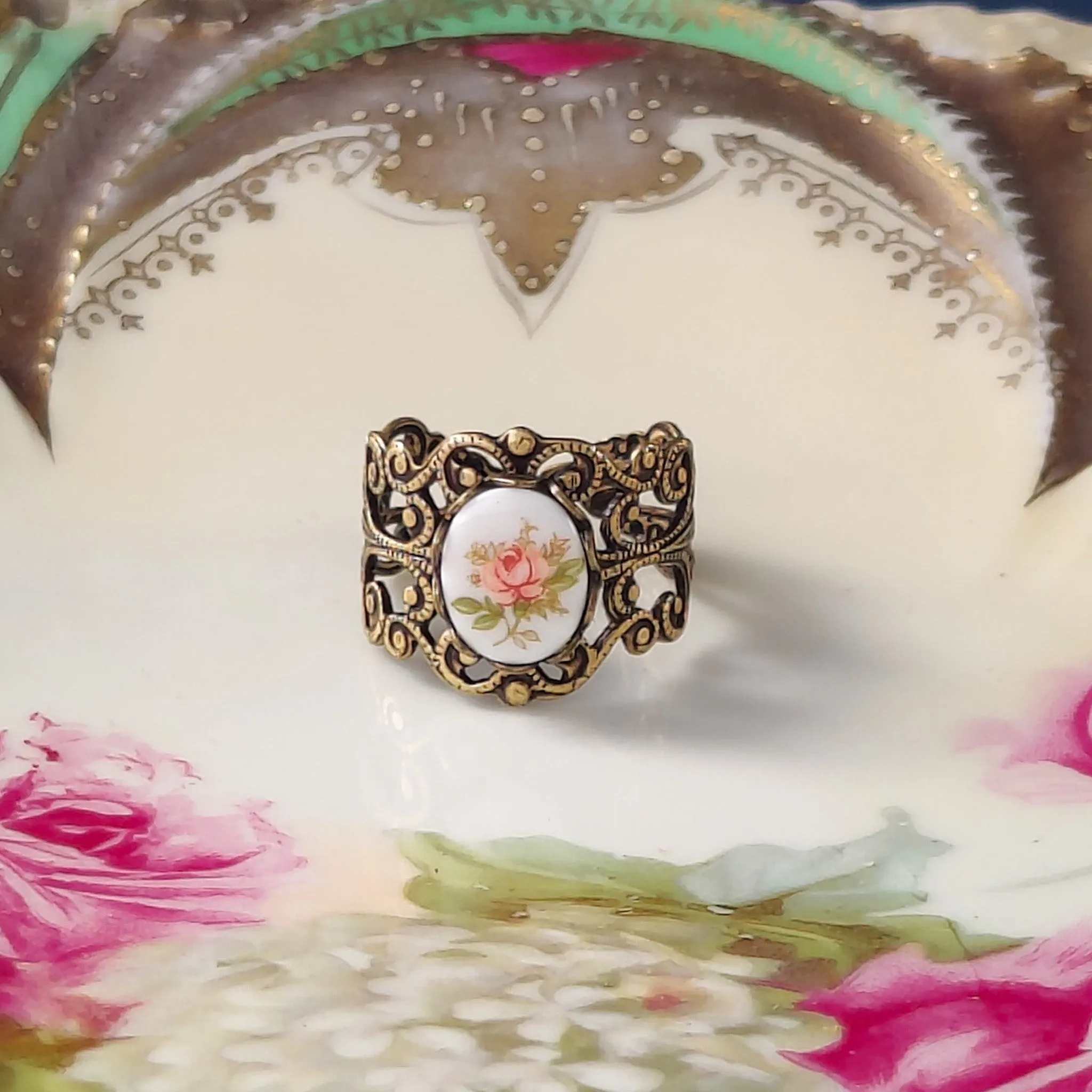 Blue Rose Cameo on Vintage Style Victorian Filigree Adjustable Ring in Silver or Brass.  Available in Pink, Blue, or Yellow
