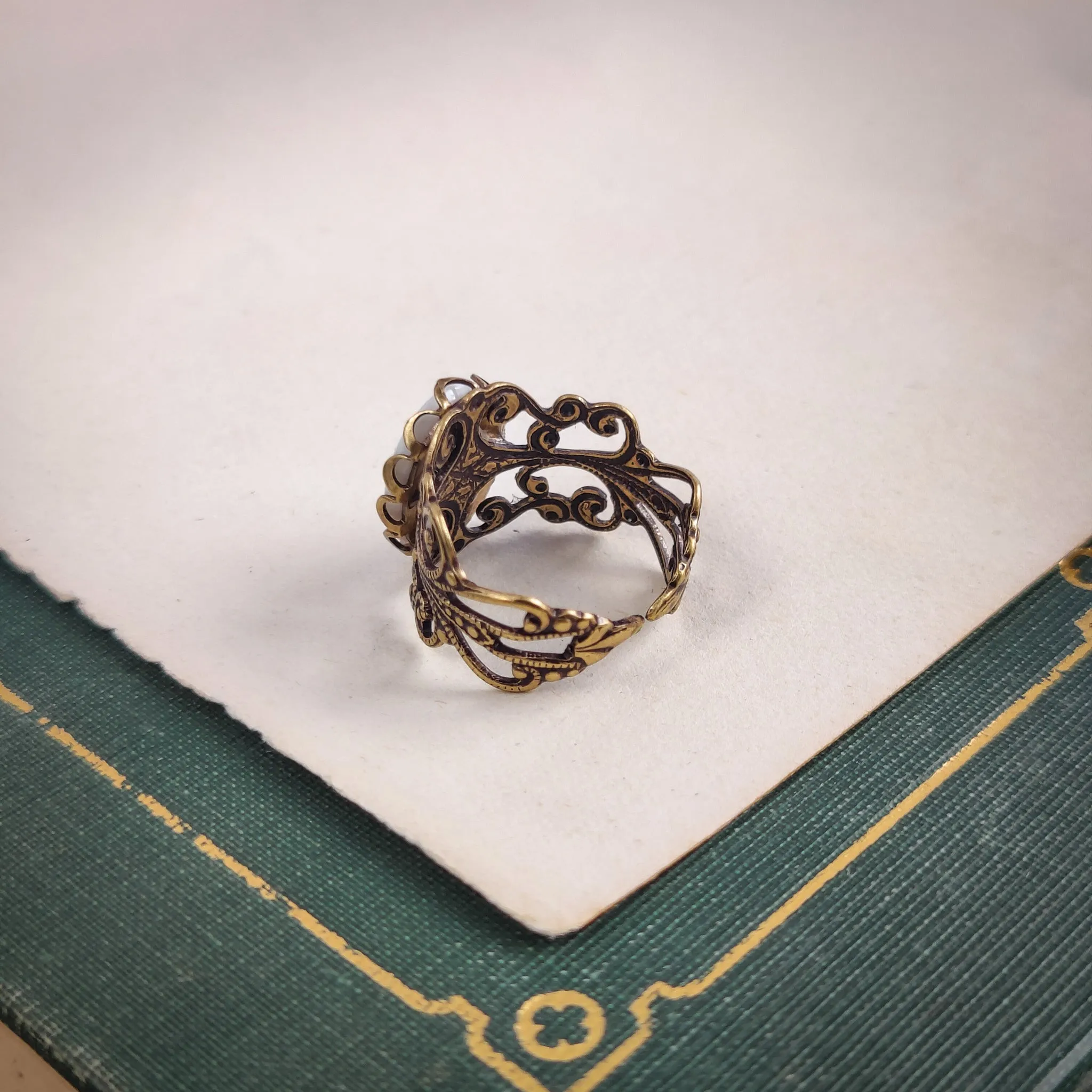 Blue Rose Cameo on Vintage Style Victorian Filigree Adjustable Ring in Silver or Brass.  Available in Pink, Blue, or Yellow
