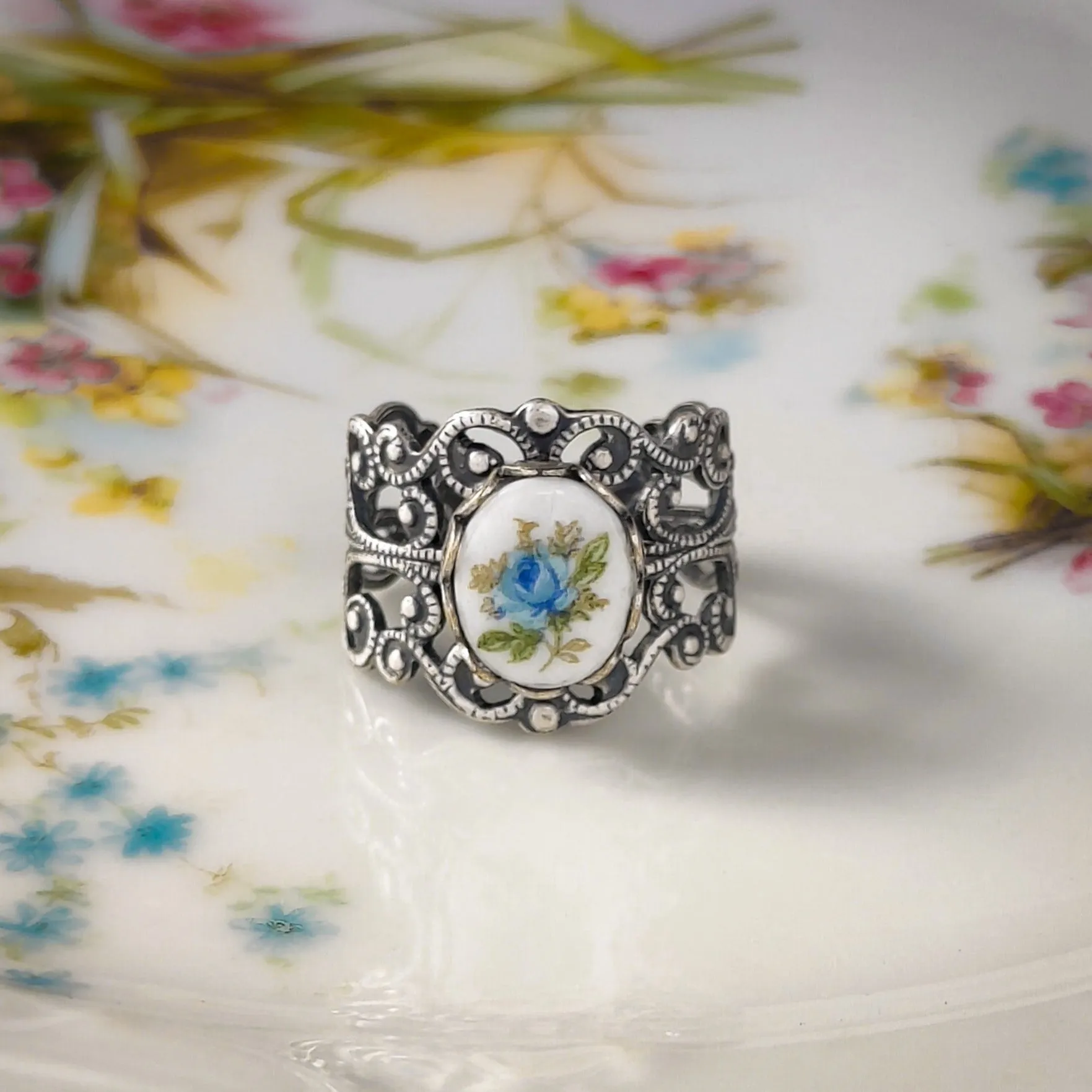 Blue Rose Cameo on Vintage Style Victorian Filigree Adjustable Ring in Silver or Brass.  Available in Pink, Blue, or Yellow