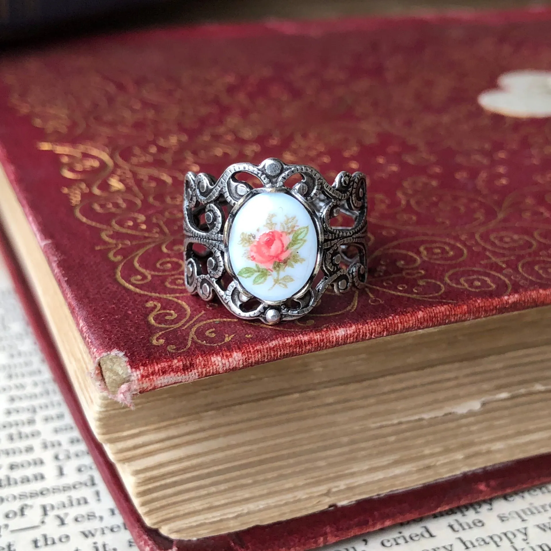 Blue Rose Cameo on Vintage Style Victorian Filigree Adjustable Ring in Silver or Brass.  Available in Pink, Blue, or Yellow