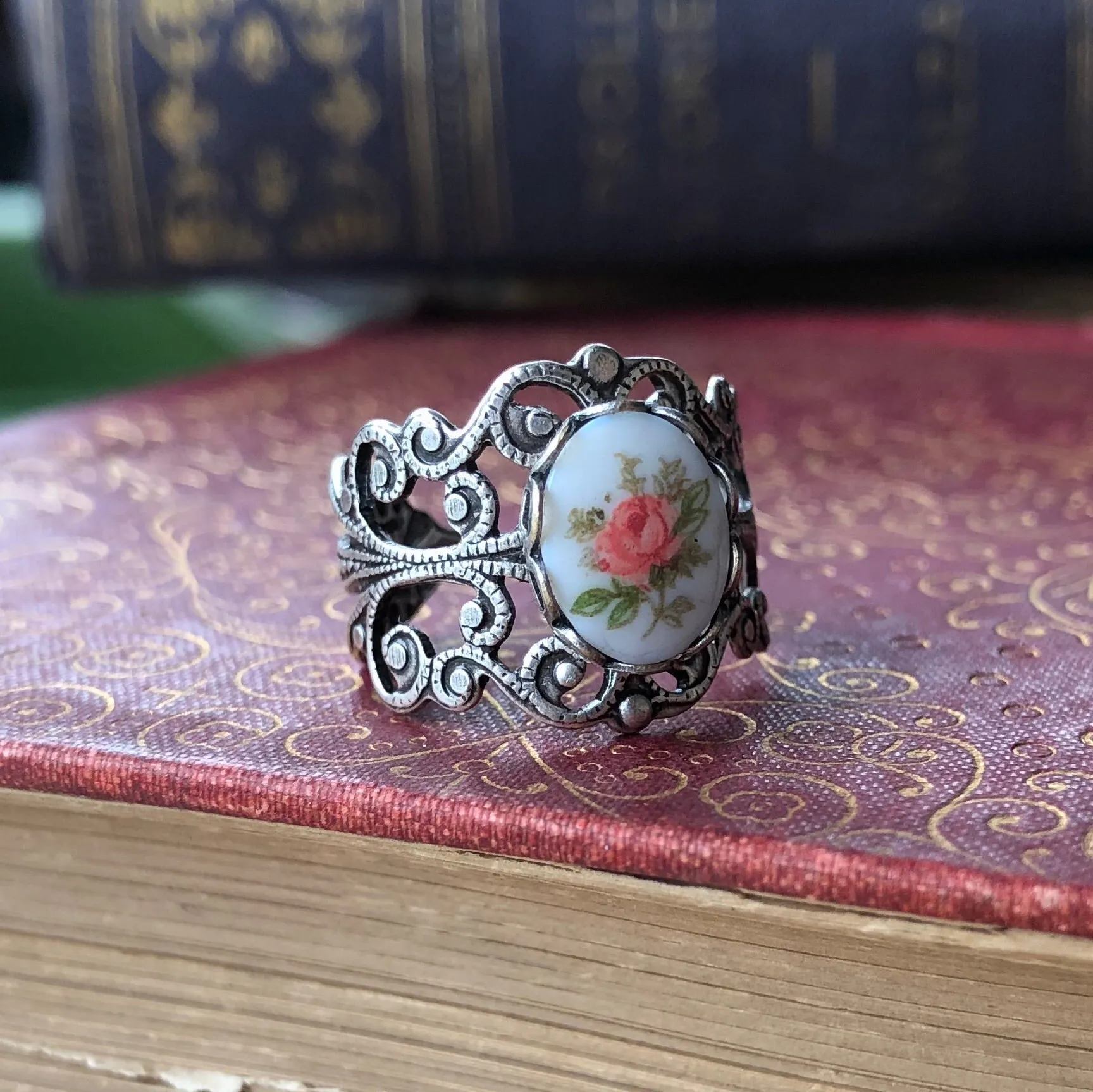 Blue Rose Cameo on Vintage Style Victorian Filigree Adjustable Ring in Silver or Brass.  Available in Pink, Blue, or Yellow