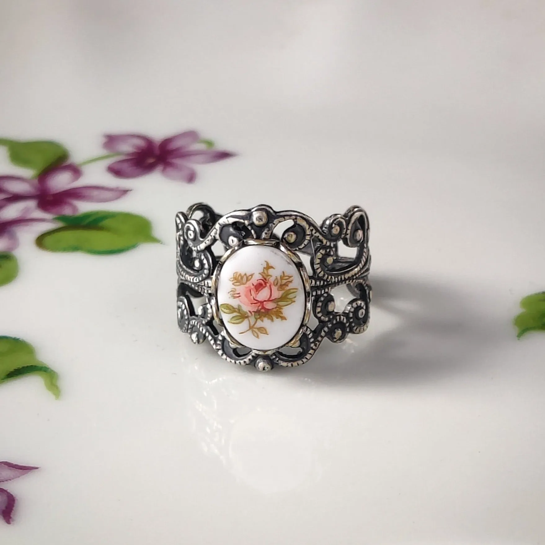 Blue Rose Cameo on Vintage Style Victorian Filigree Adjustable Ring in Silver or Brass.  Available in Pink, Blue, or Yellow