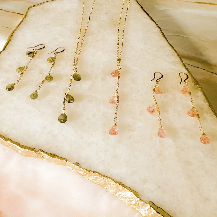 Gem Tassel Earring : Labradorite or Strawberry Quartz