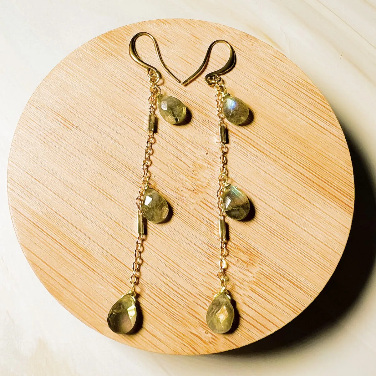 Gem Tassel Earring : Labradorite or Strawberry Quartz