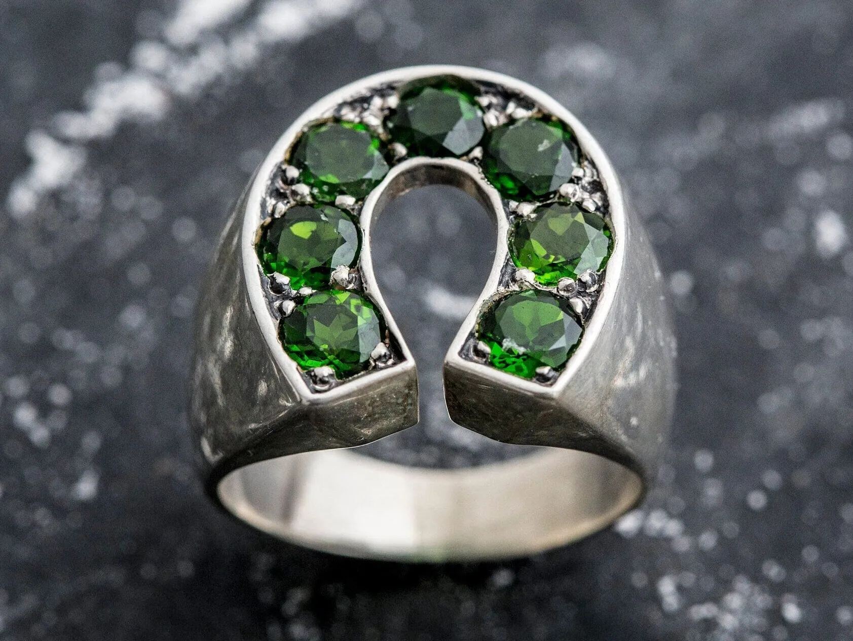 Green Statement Ring - Chrome Diopside Ring - Horse Shoe Ring