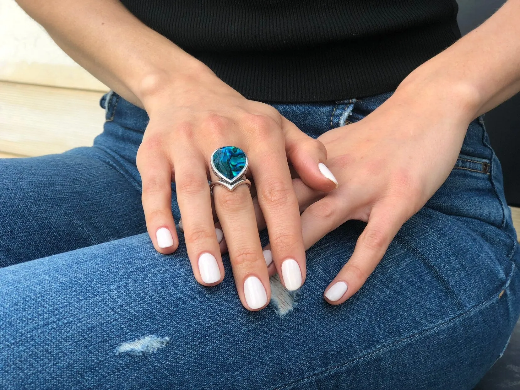Pearl Shell Ring - Vintage Teardrop Ring - Blue Cocktail Ring