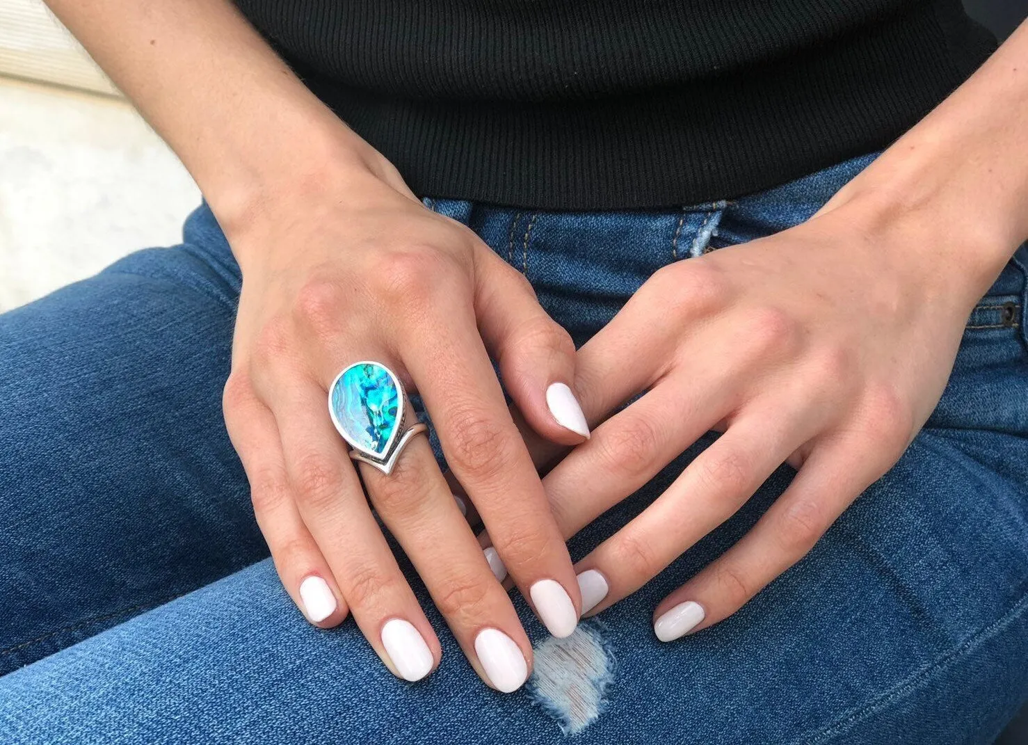 Pearl Shell Ring - Vintage Teardrop Ring - Blue Cocktail Ring