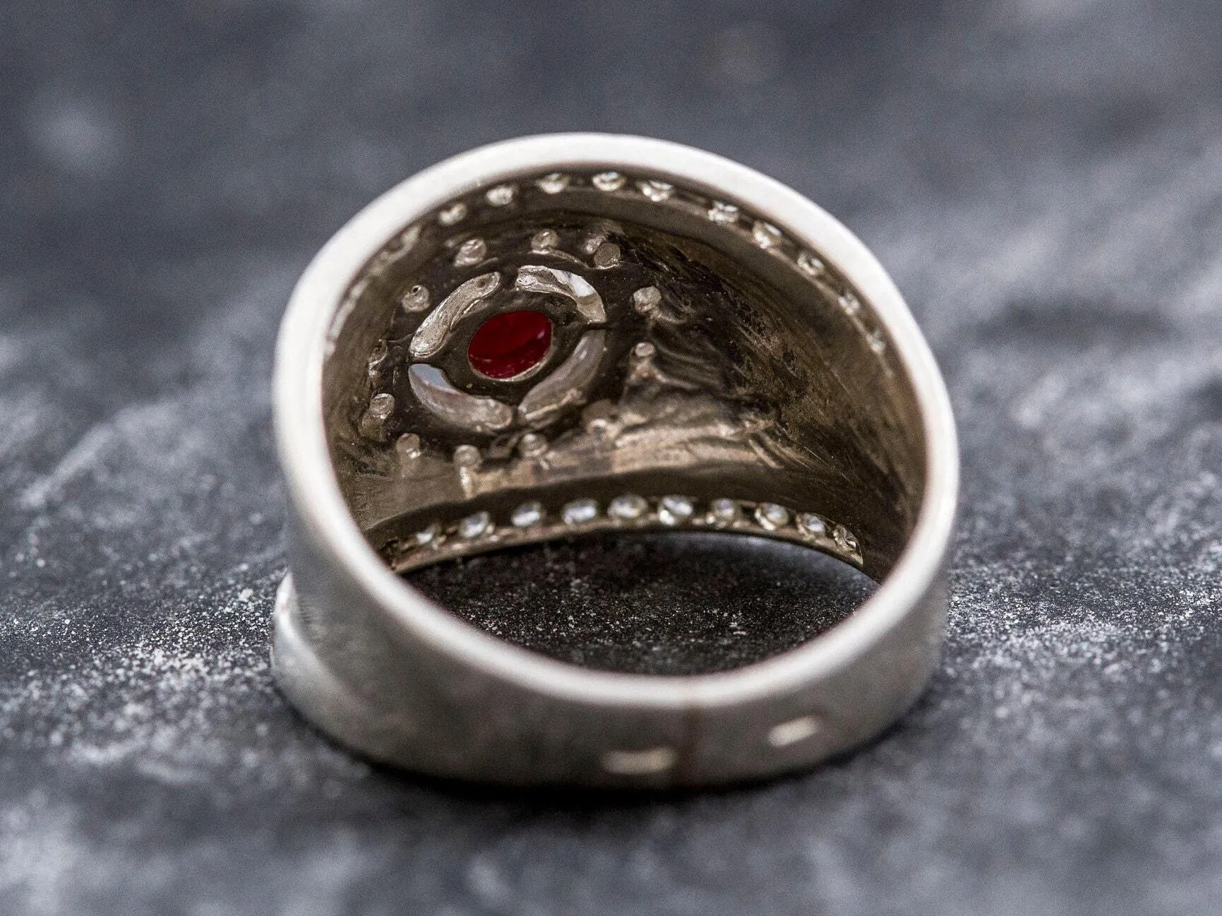 Ruby Wide Band - Silver Chunky Ring - Vintage Ruby Band