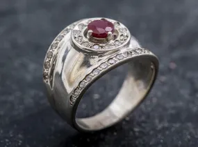 Ruby Wide Band - Silver Chunky Ring - Vintage Ruby Band
