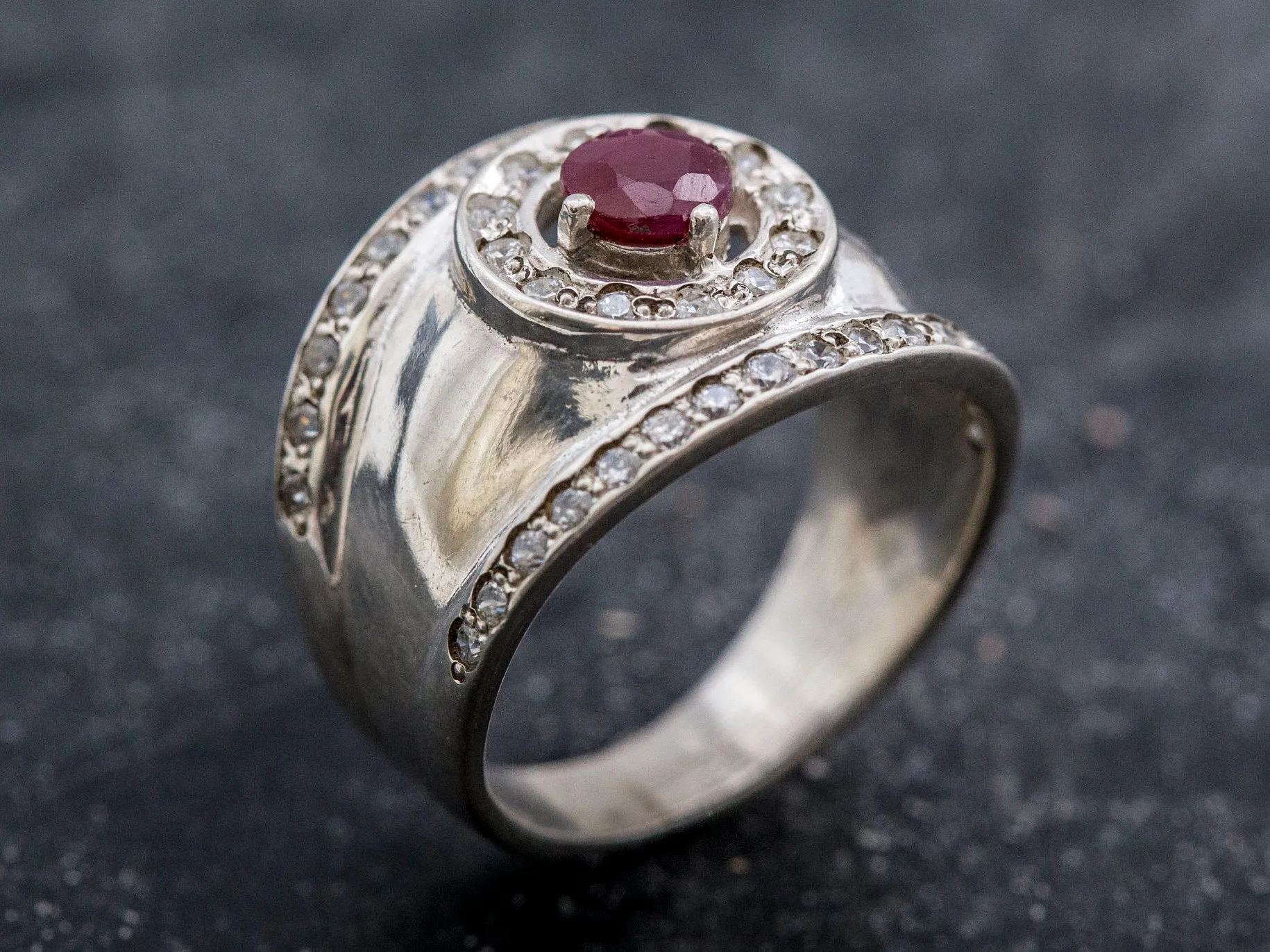 Ruby Wide Band - Silver Chunky Ring - Vintage Ruby Band