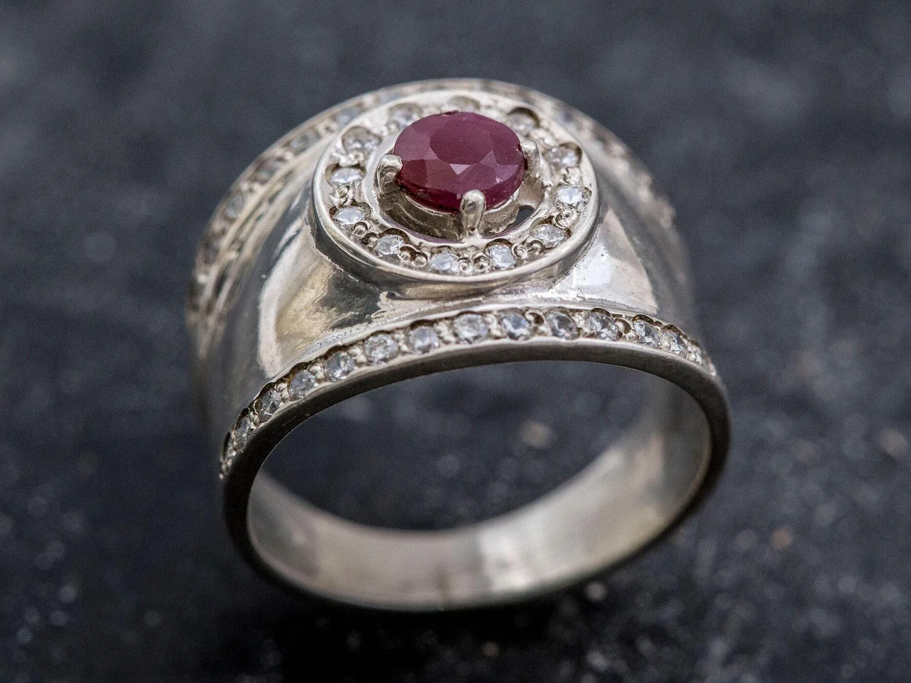 Ruby Wide Band - Silver Chunky Ring - Vintage Ruby Band