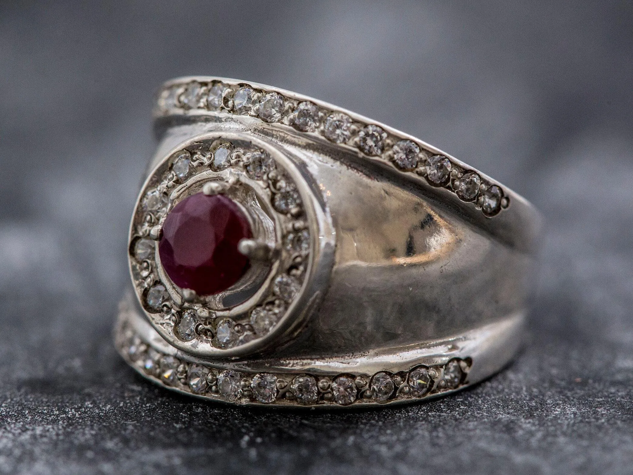 Ruby Wide Band - Silver Chunky Ring - Vintage Ruby Band