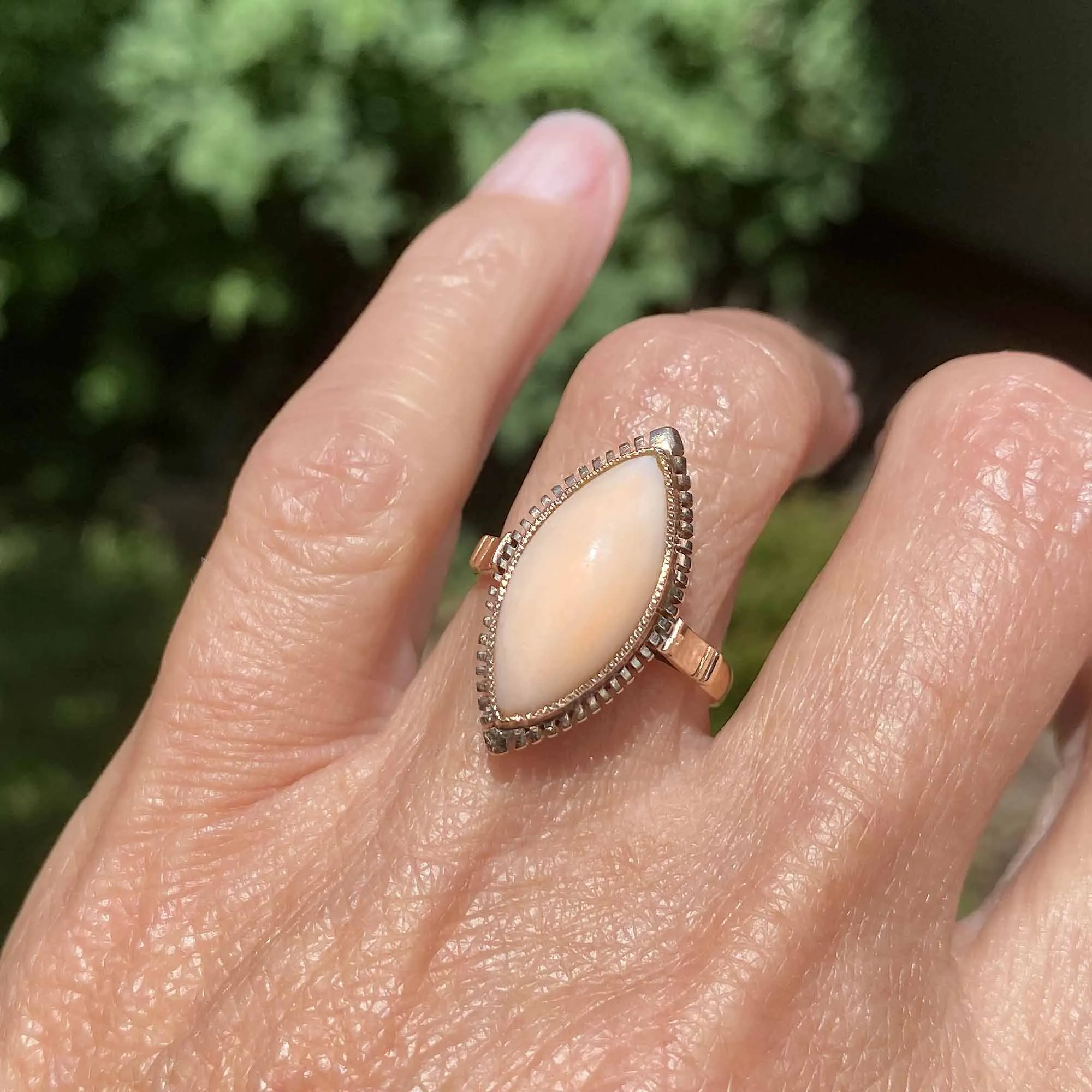 Vintage Salmon Coral Navette Ring in 18K Gold