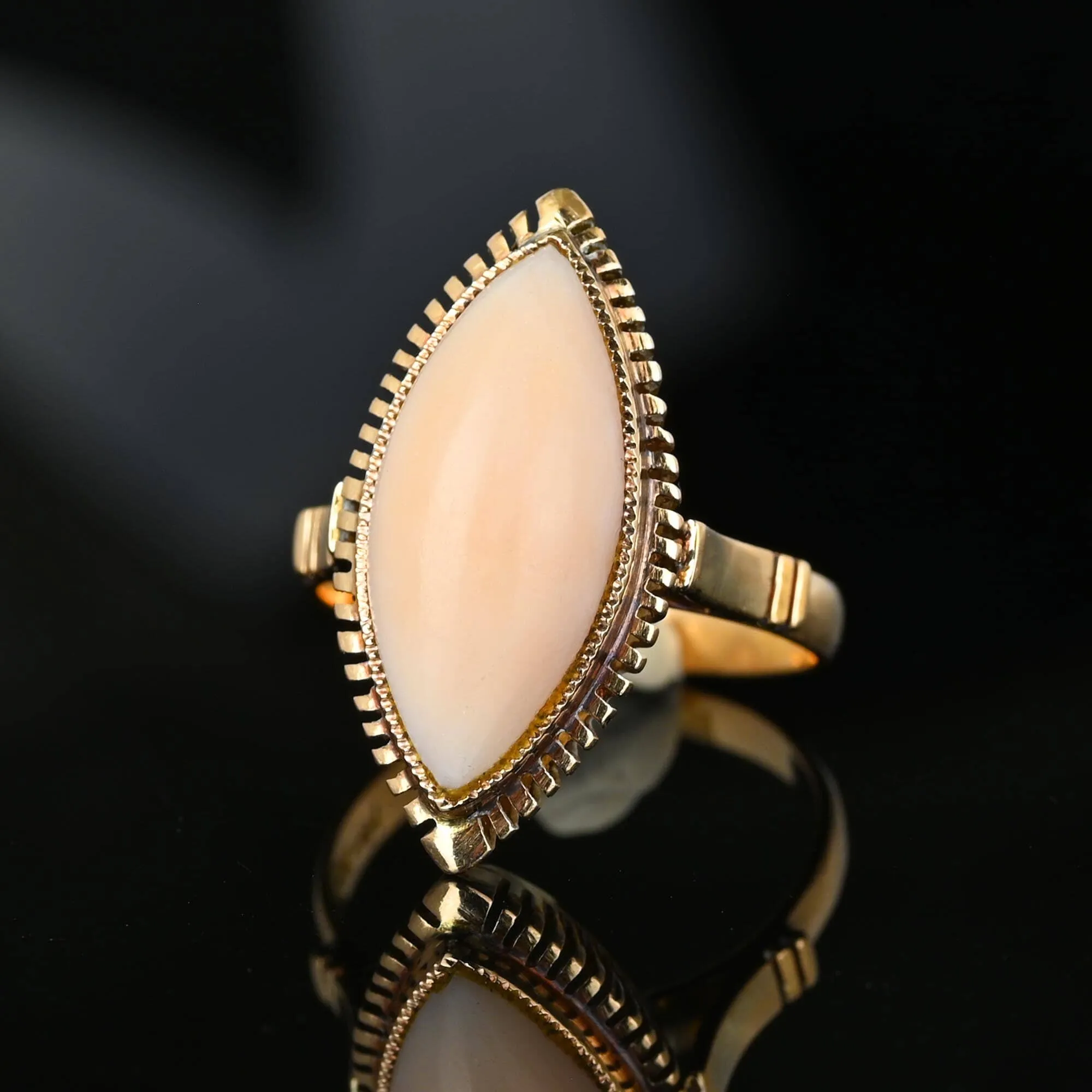 Vintage Salmon Coral Navette Ring in 18K Gold