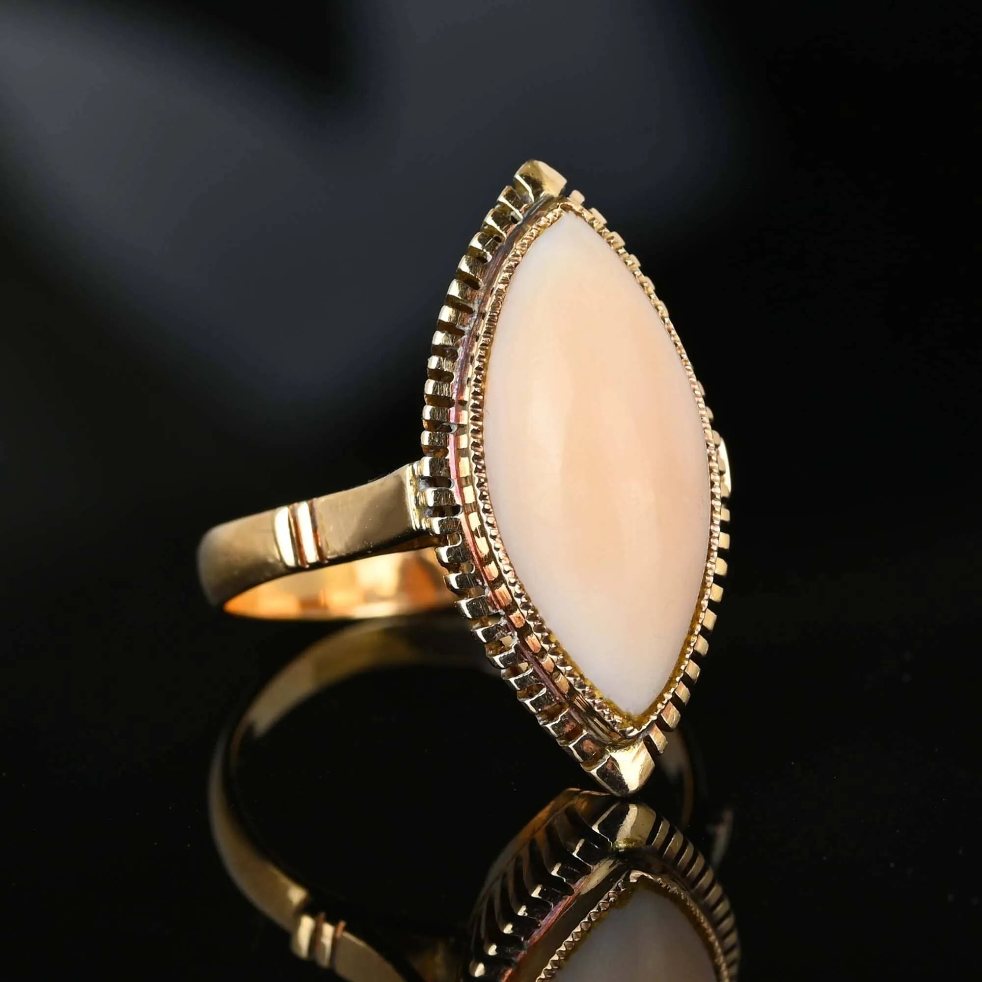 Vintage Salmon Coral Navette Ring in 18K Gold
