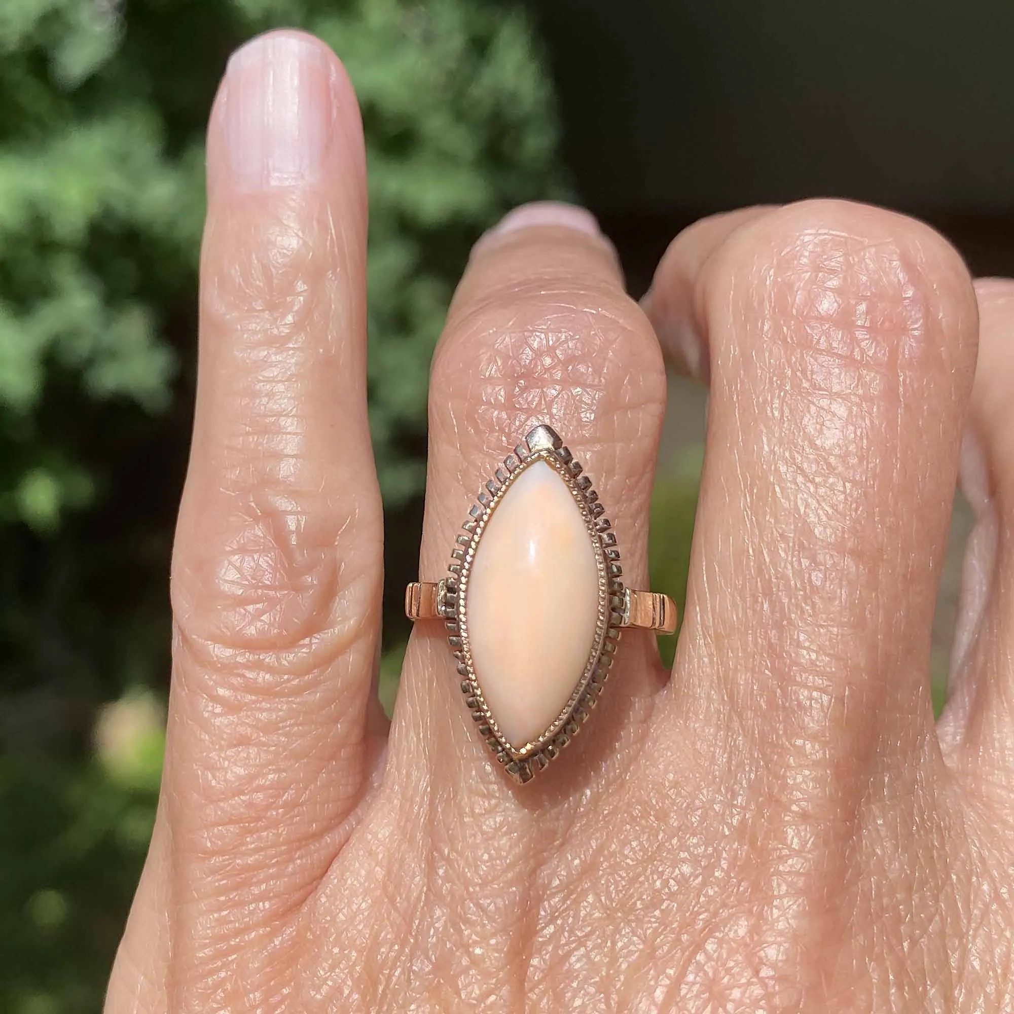 Vintage Salmon Coral Navette Ring in 18K Gold
