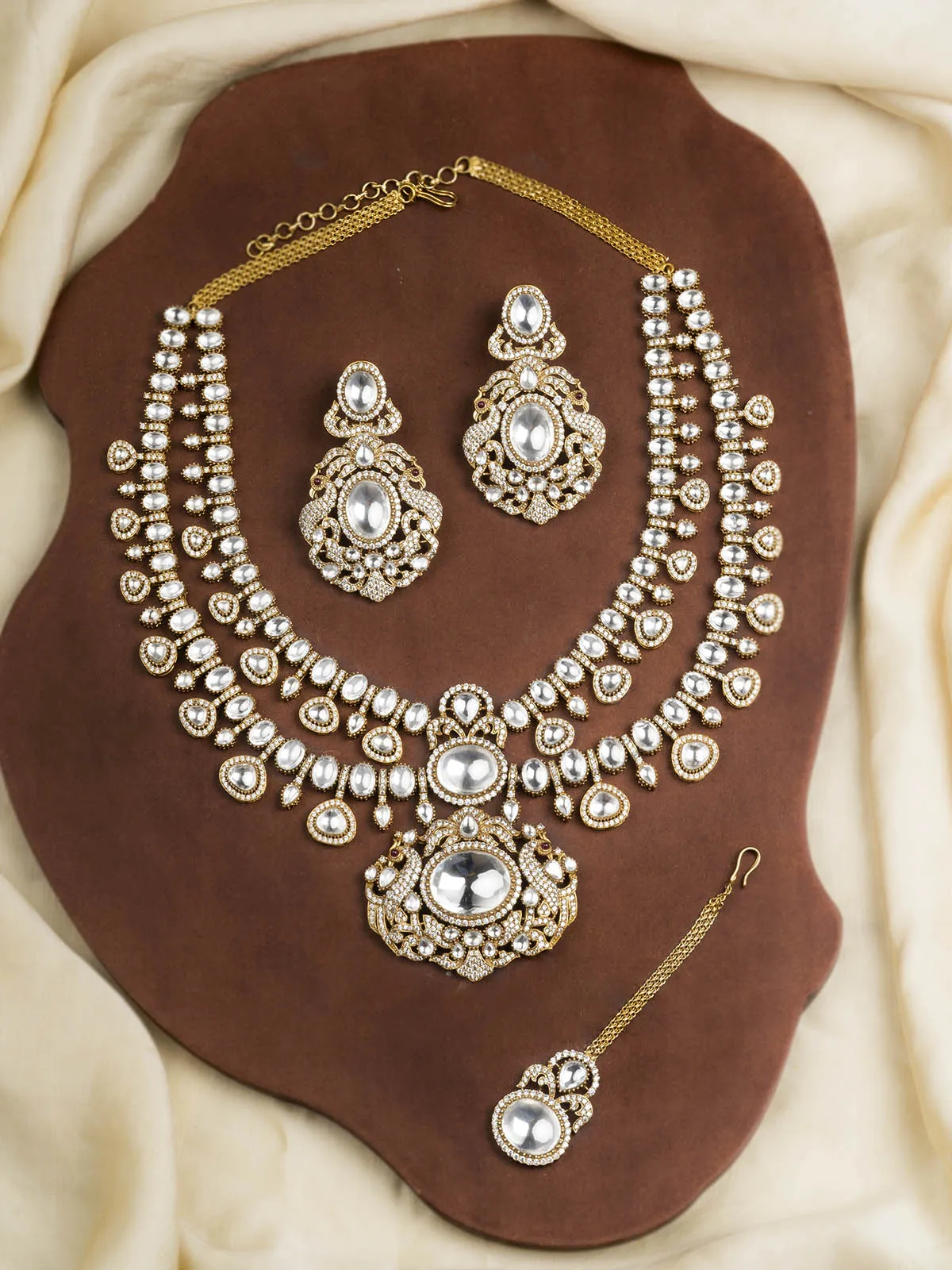 White Color Gold Plated Moissanite Bridal Necklace Set - MO-S69